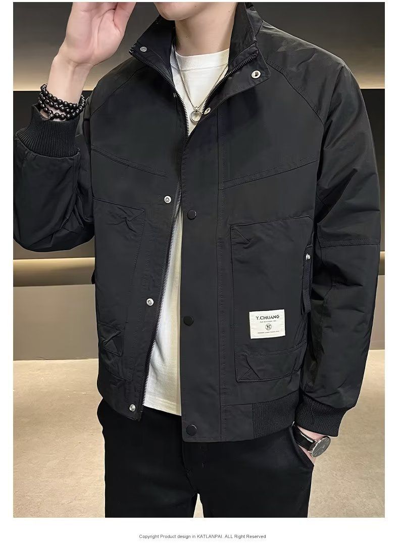 "Herren-Arbeitsjacke mit Stehkragen - Leichter Freizeitmantel aus Polyester mit Reißverschluss und Seitentaschen (Khakigrün/Schwarz, M-3XL)"_voghion.com
