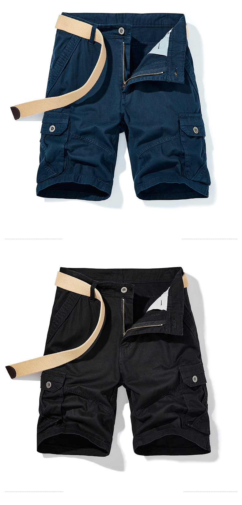 Herreklær Cargoshorts Baggy i bomull, pluss size quarterbukser, medium bukser, herrebukser med flere vesker, casualbukser_voghion.com