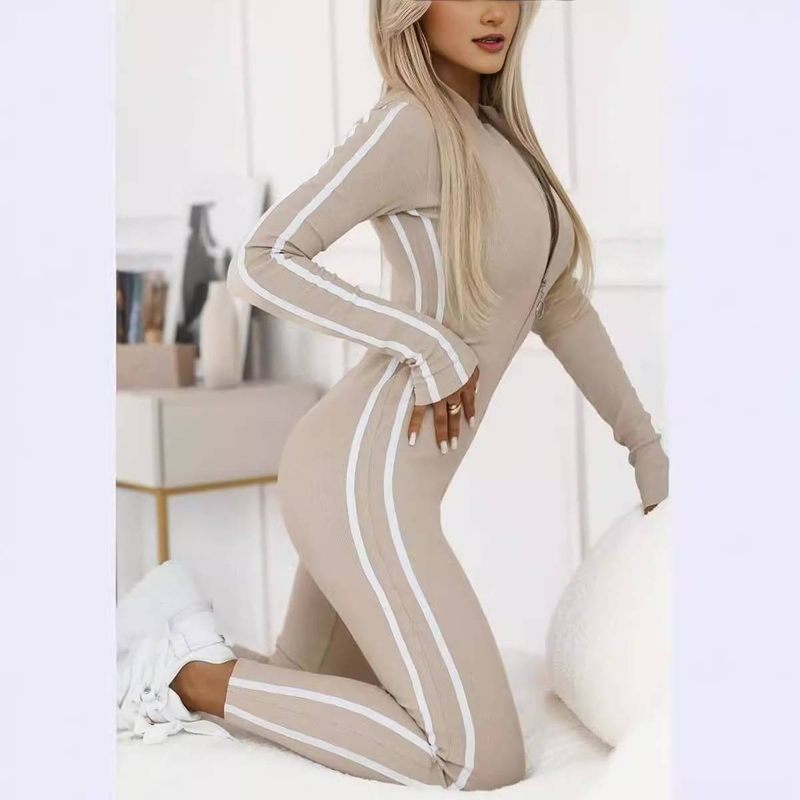 Damenbekleidung Herbst und Winter Damen Schmaler gestreifter Jumpsuit mit halbem Reißverschluss_voghion.com