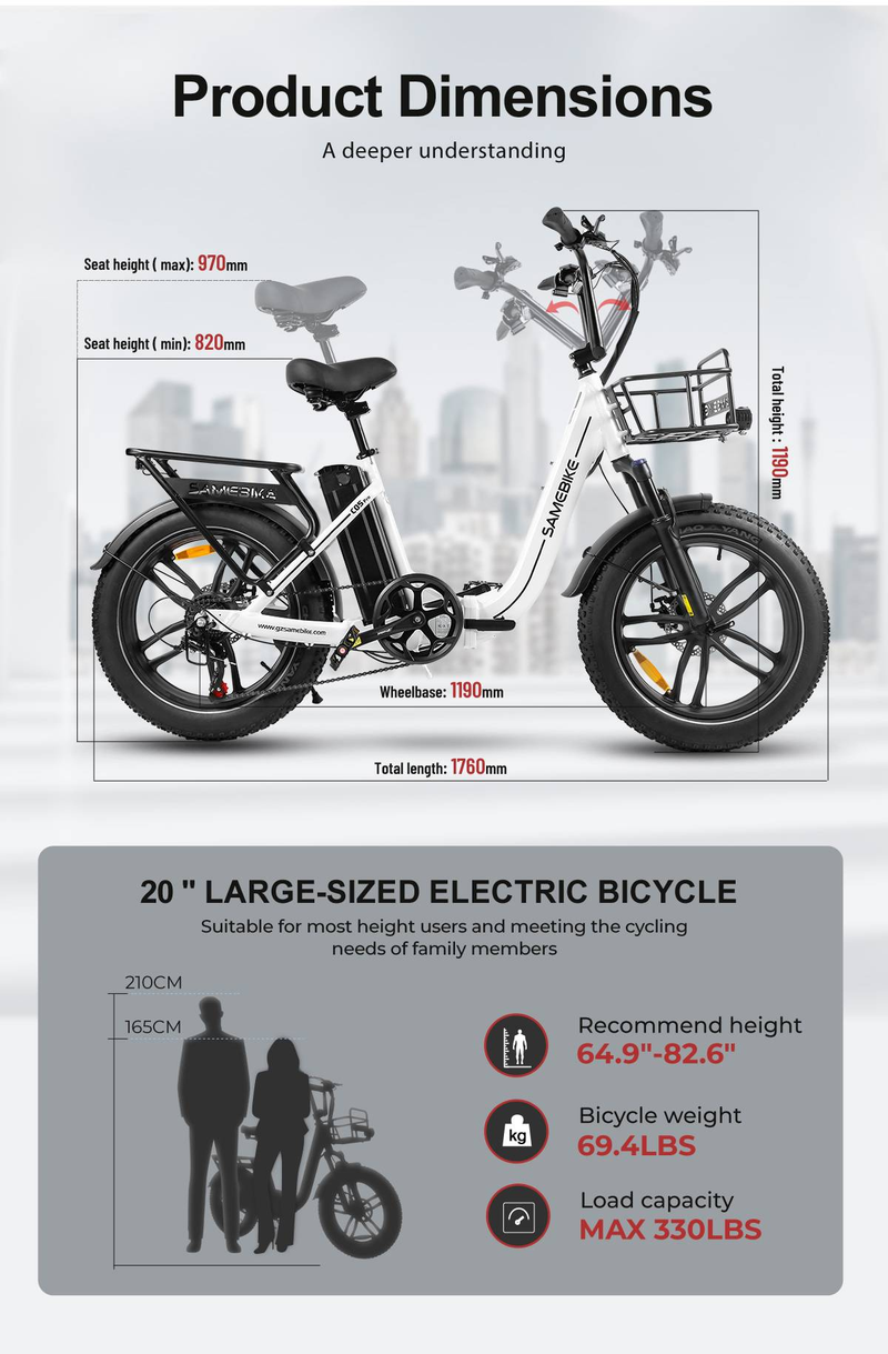 Vélo électrique SAMEBIKE C05 Pro 20" Fat Tire Step-Through E-Bike pour femmes Moteur 500W Batterie 36V 13Ah_voghion.com