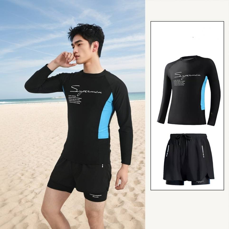 Zweifarbiges Herren-Badeanzug-Set, zweiteiliges langärmeliges, sonnenschützendes, schnell trocknendes Schwimmtrainingsset für Erwachsene in großer Größe_voghion.com