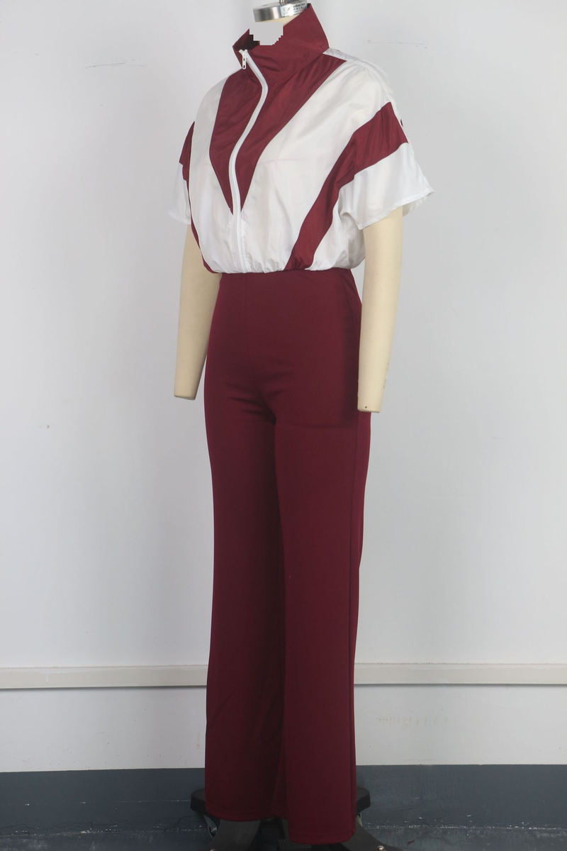 Women's Clothing Women's Stylish Zip-Up Jumpsuit With Color Blocking - Batwing Sleeves & Flared Pants - Lightweight Polyester Casual & Office Wear_voghion.com