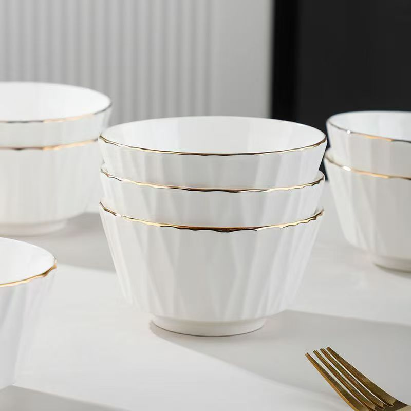 Keramische huishoudelijke hoge esthetische Scandinavische rijstkom Nieuw in soepkom Goudkleurige rand Serviesgoed Eenvoudige en luxe eetkom_voghion.com