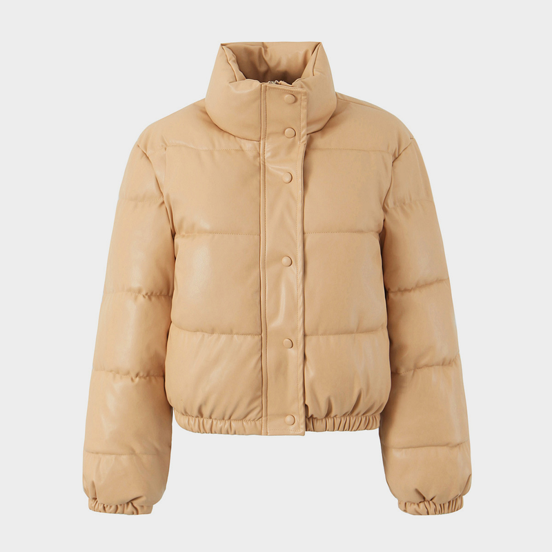 Women's PU Leather Puffer Jacket - Short Stand Collar Winter Coat, Quilted Bomber With Warm Thinsulate, Streetwear Outerwear_voghion.com