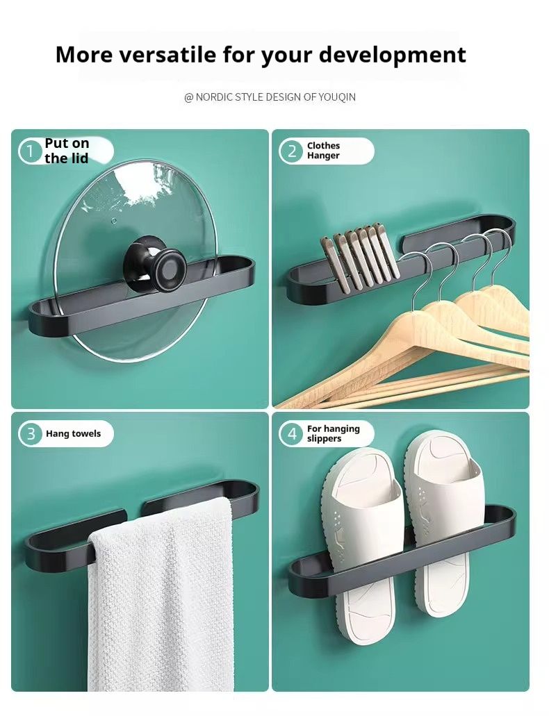 Premium No-Drill Towel Rack Set – Rustproof Aluminum Bathroom Organizer With J-Hooks & Toilet Paper Holder (30KG Load, Matte Black/White)_voghion.com