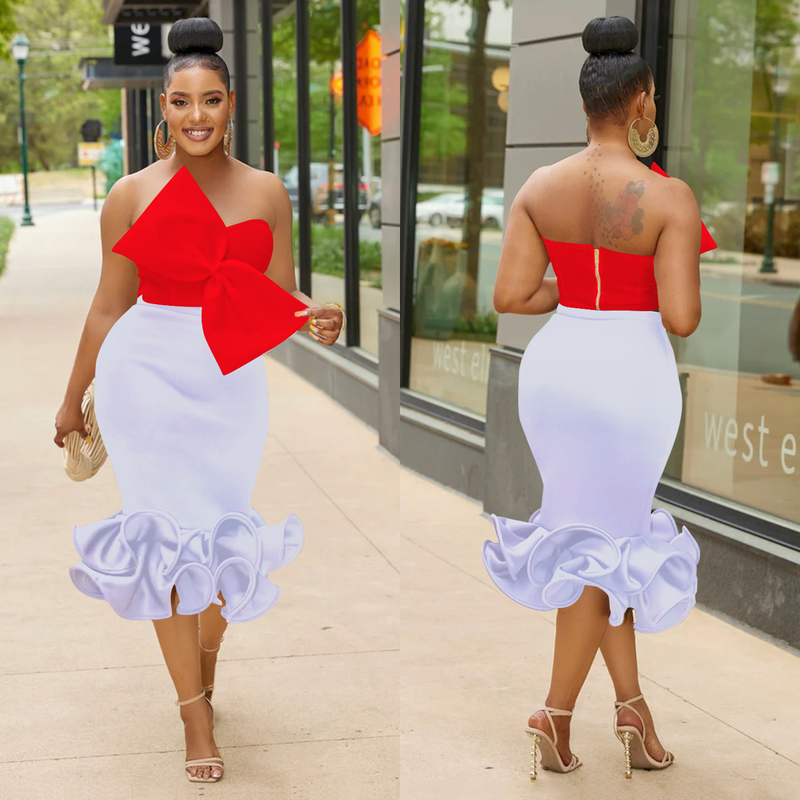 Ensemble deux pièces pour femme avec haut tube sans manches et jupe à nœud sur la hanche_voghion.com