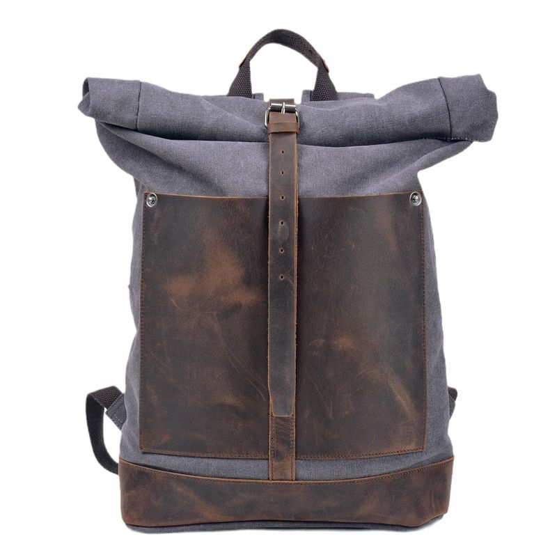 2025s Washed Canvas Large Capacity Roll-Top Expandable Backpack Men's Outdoor Hiking Bag_voghion.com