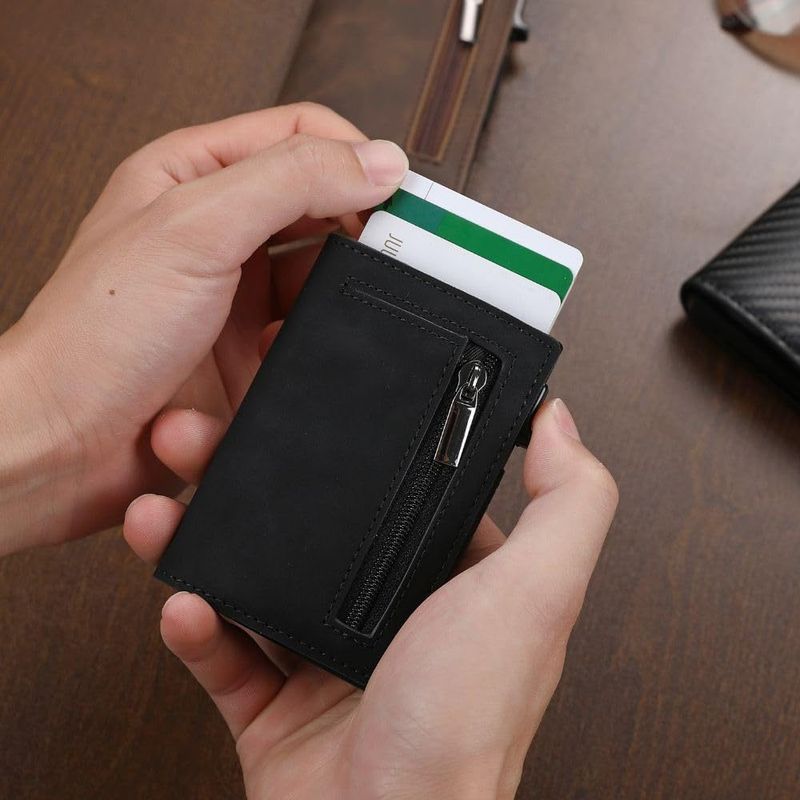 New Crazy Horse Leather Men's Wallet Automatic Pop Up Credit Card Box Ultra Thin RFID Anti Theft Card Holder Metal Card Holder_voghion.com