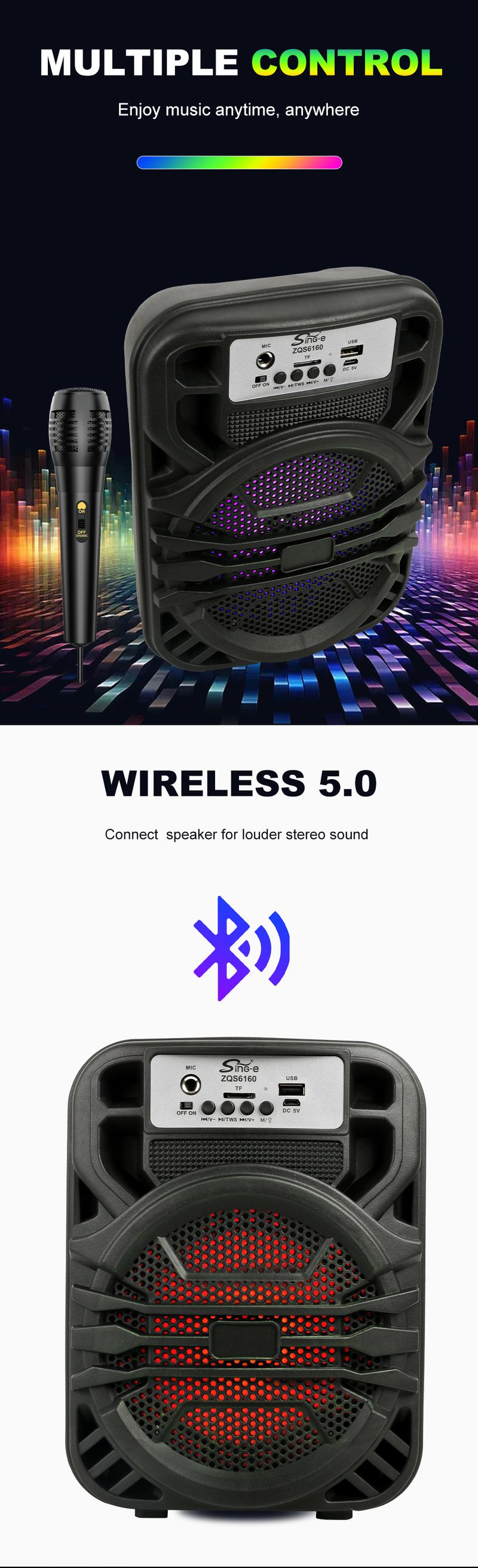 ZQS6160 Praktische Plug-in-Karte Bluetooth Wireless Charging Stereo mit kabelgebundenem Mikrofon im Freien Kleiner Lautsprecher_voghion.com