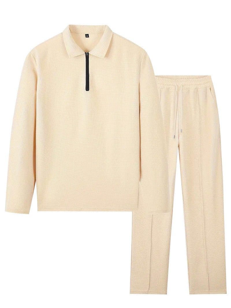Men's Waffle Knit Half-Zip Polo Shirt & Long Pants Casual Set - Lightweight Comfort, Breathable Fabric, Stylish Autumn Outfit_voghion.com