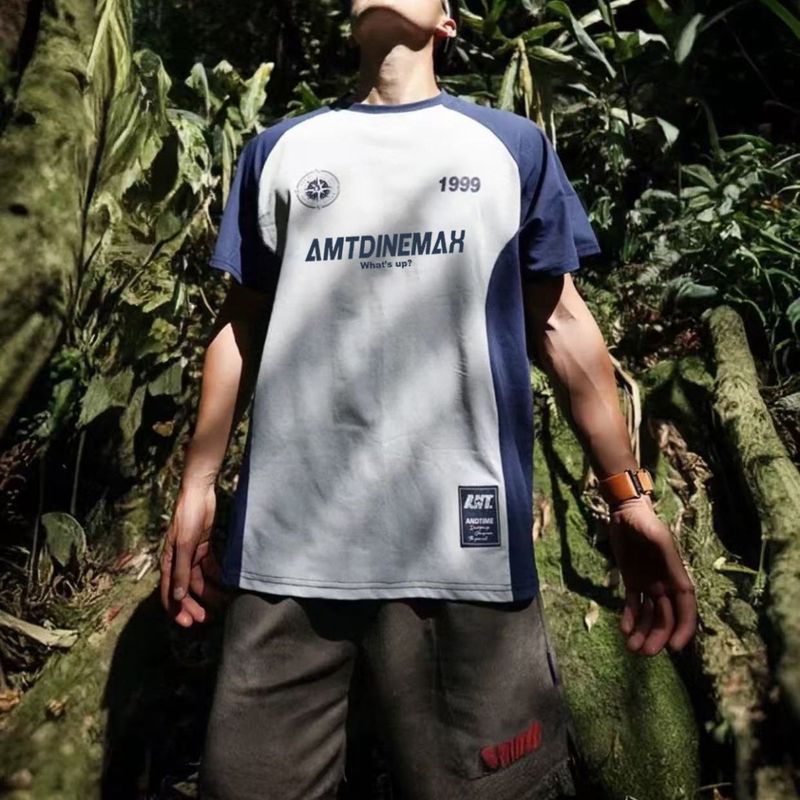 American Style Color-Block Shoulder Short Sleeve T-Shirt Patchwork Basketball Training Sports Summer Round Neck Running_voghion.com