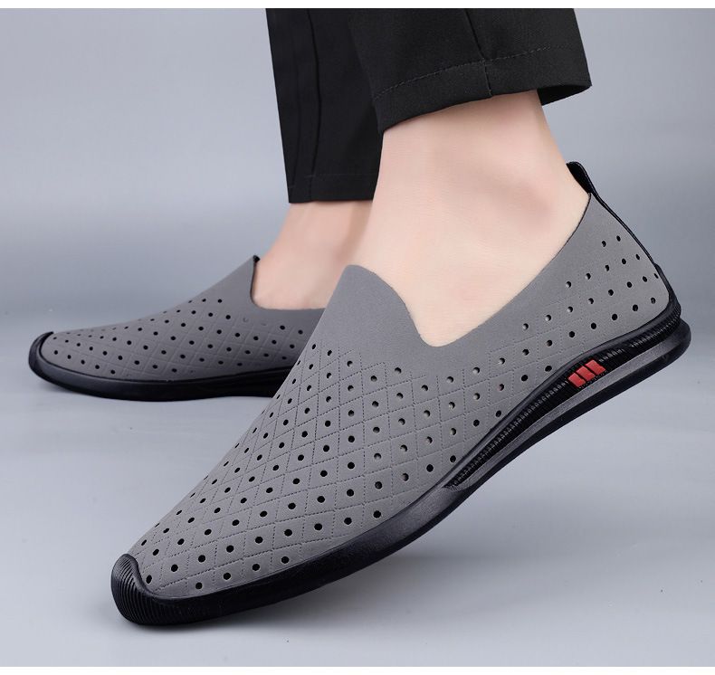 Summer New Hollow Breathable Casual Men's Shoes Doudou Shoes Cow Two-layer Leather British Casual Lazy Loafers_voghion.com