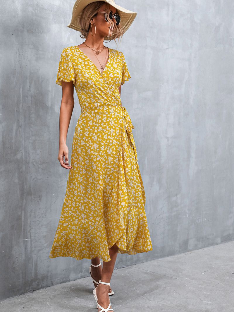 Frühling/Sommer 2022 Neues böhmisches, gekreuztes, geblümtes Kleid mit V-Ausschnitt und Schnürung_voghion.com