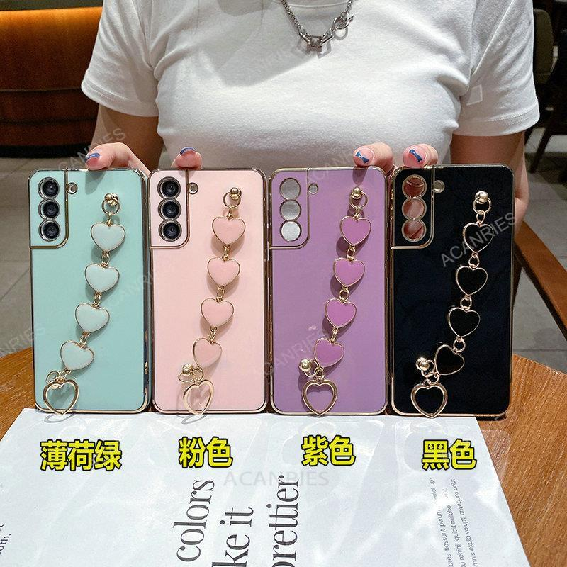Custodia a catena con braccialetto a cuore d'amore placcatura di lusso per Samsung Galaxy S22 Plus Ultra S21 S20 FE 5g 2022 Cover a fascia su S 22_voghion.com