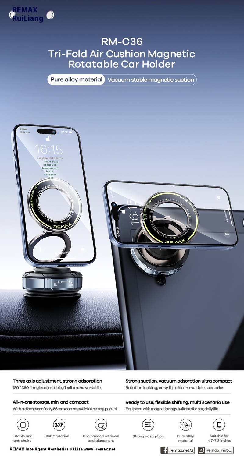 REMAX Magnetic 3-Fold Air Vent Car Phone Holder, 360° Rotating Luxury Matte Black Stand, Low-Profile Stealth Design For Dashboard Windshield, Compact_voghion.com