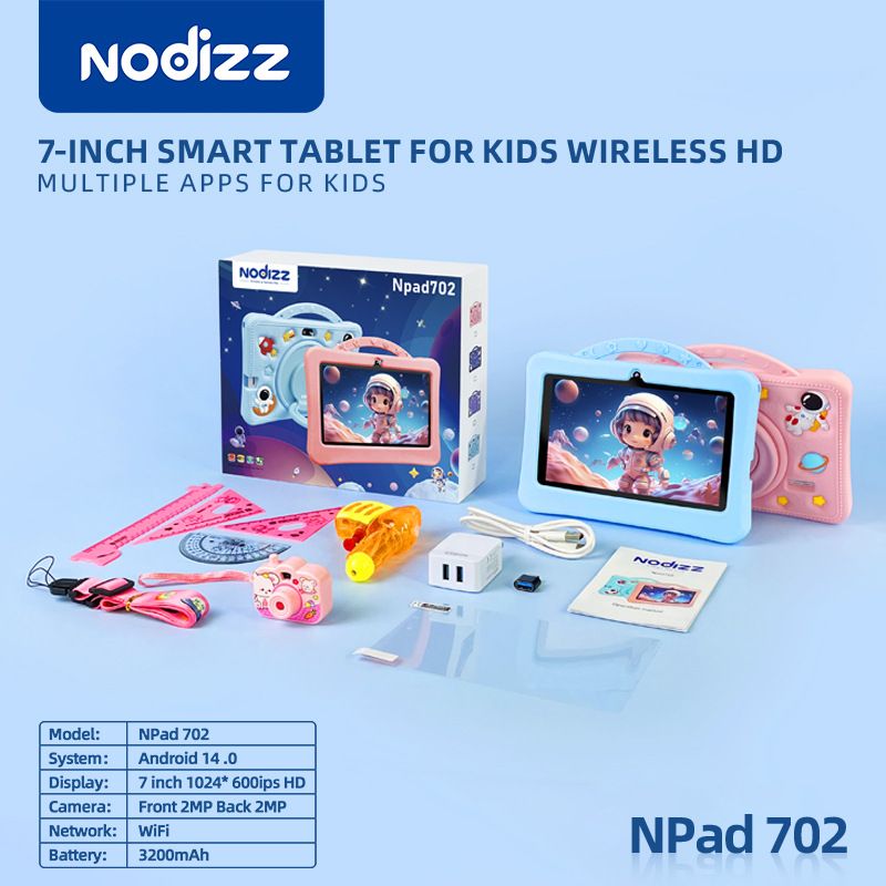 NODIZZ Npad702 Lerntablet für Kinder – 7 Zoll Android-WLAN-Tablet mit Dual-Kamera, Bluetooth, 16 GB Speicher, über 9 Stunden Akkulaufzeit_voghion.com