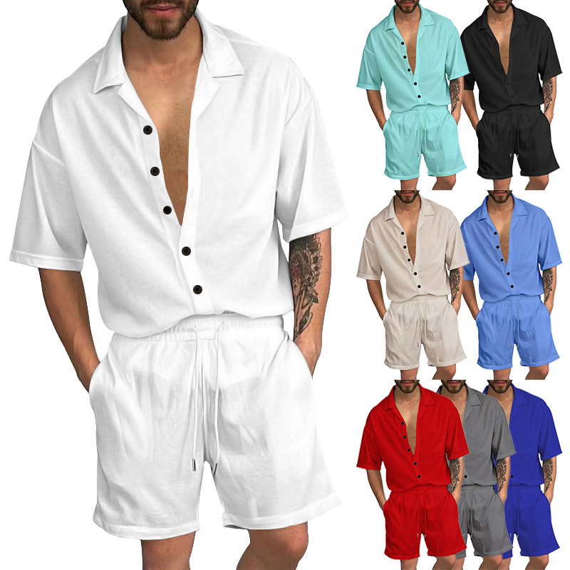 Summer suit, casual lapel, solid color shirt, button up cardigan, short sleeved shorts set, men's_voghion.com