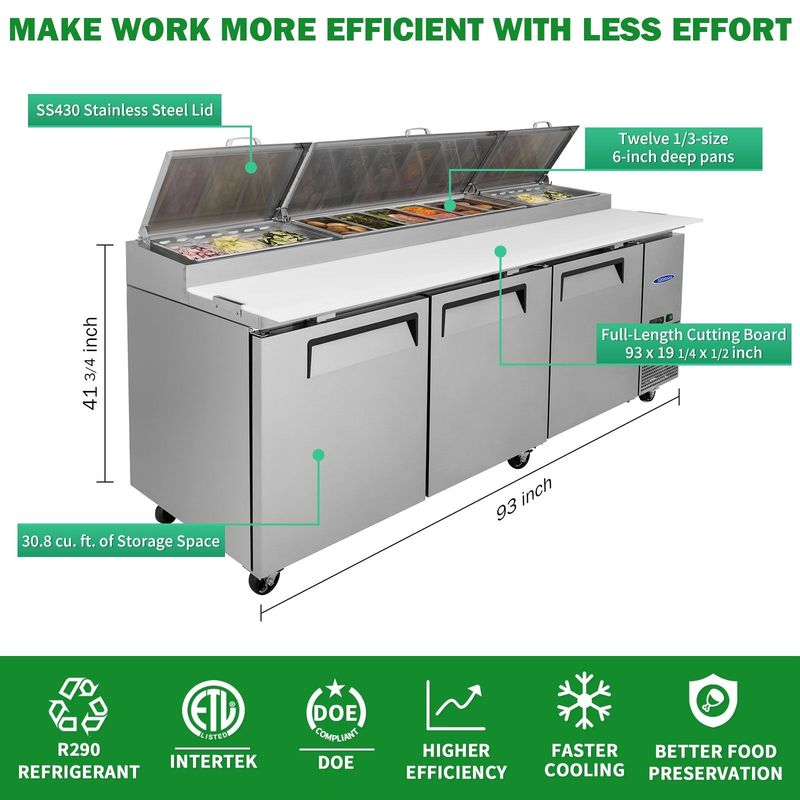 Orikool 93 IN Commercial Pizza Prep Table With A Built-in Refrigerator 30.8 Cu.Ft, Butcher Block Cutting Board, Protection Lid, Cold Storage, And Smooth-Rolling Casters, ETL Certified_voghion.com