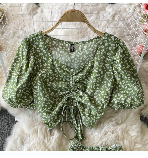 Gonna a trapezio con vita alta da donna, gonna floreale fresca, abito due pezzi, camicia corta in chiffon, estate_voghion.com