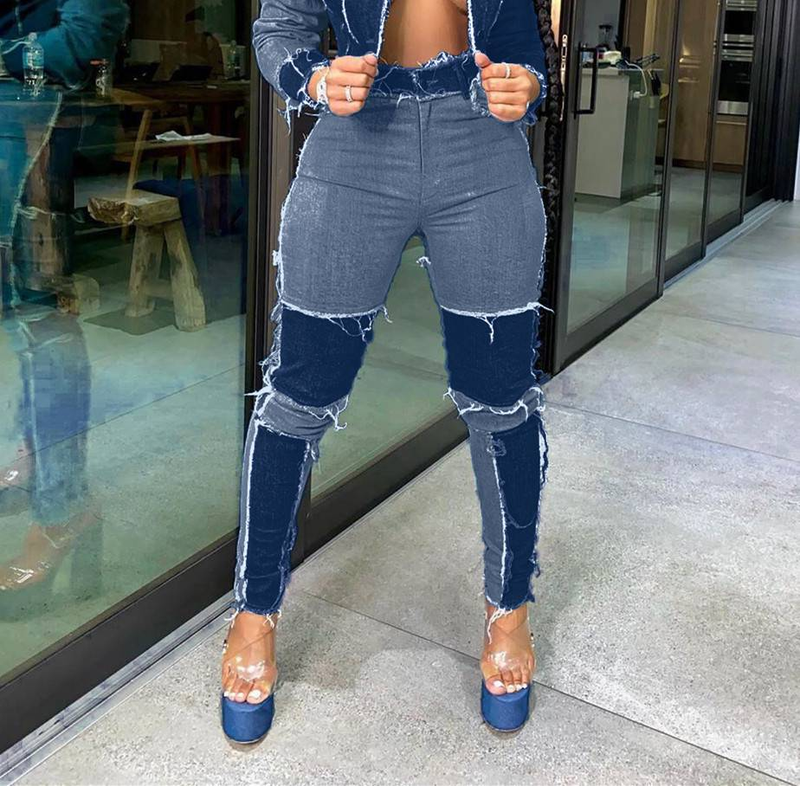 Women's clothing retro stitching washed denim suit_voghion.com