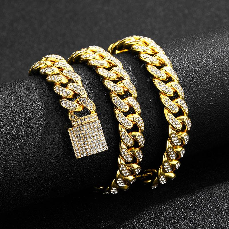Men's hip hop trendsetter diamond box buckle Cuban chain thick 13mm dense hip hop necklace clavicle chain_voghion.com