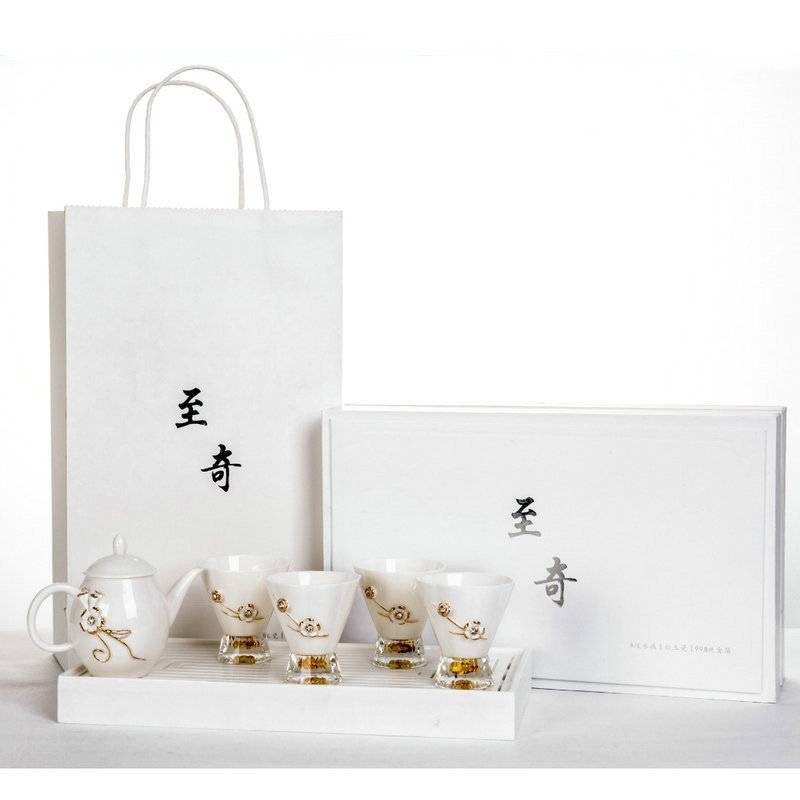 Weißes Porzellan Goldfolie Kristall Tee-Set Eine Kanne und vier Tassen Business Geschenk Set Lieferungen_voghion.com