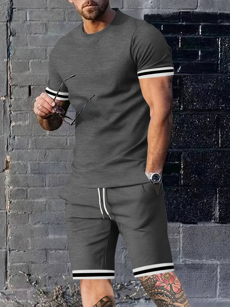 Ensemble deux pièces pour homme, t-shirt à manches courtes et col rond, style sportif et décontracté_voghion.com