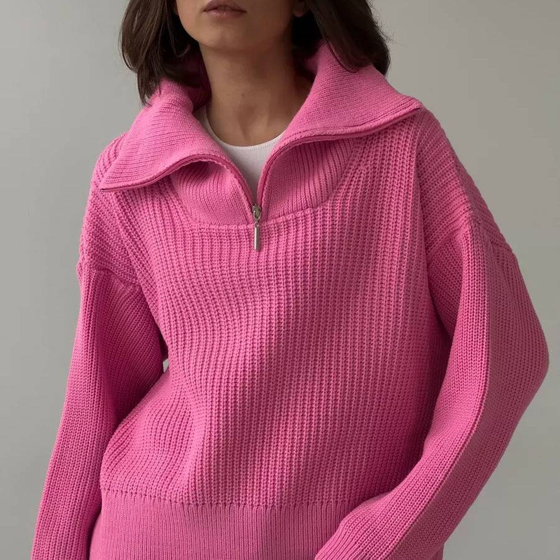 "Strickpullover mit Reißverschluss vorne und Stehkragen in Übergröße – Langarmpullover aus dehnbarem Polyester-Mix, knitterfrei und warm,_voghion.com