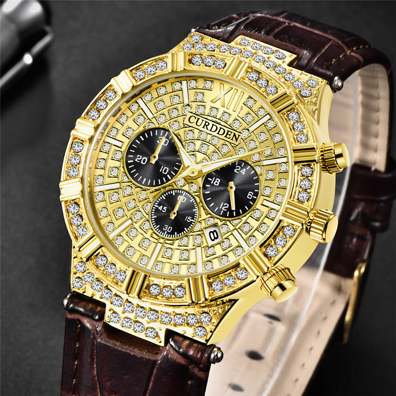 CURDDEN Brand Men's Leather Band Diamond Date Quartz Watches_voghion.com