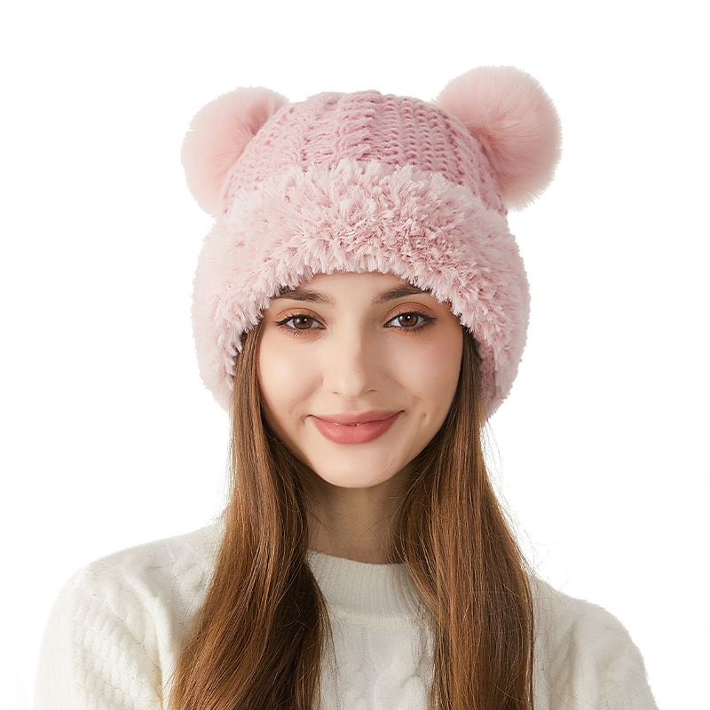 Cute Bear For Women Thickened Plush Warm Furry Beanie Autumn Winter Large Head Circumference Knitted Hat_voghion.com
