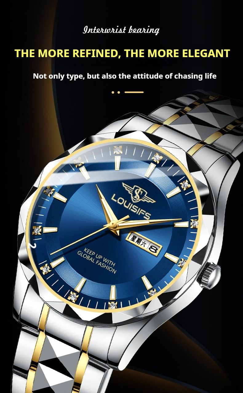 Men's Luxury Waterproof Luminous Quartz Watch With Moon Phase & Day Display, Stainless Steel Case & Band, Mineral Crystal Glass_voghion.com