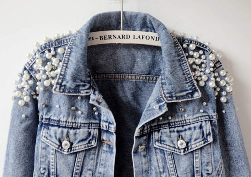 Modische Jeansjacke mit Strass-Stickerei für Damen, Vintage-gewaschener kurzer Freizeitmantel mit Perlen, locker sitzendes Langarm-Button-Up-Shirt_voghion.com
