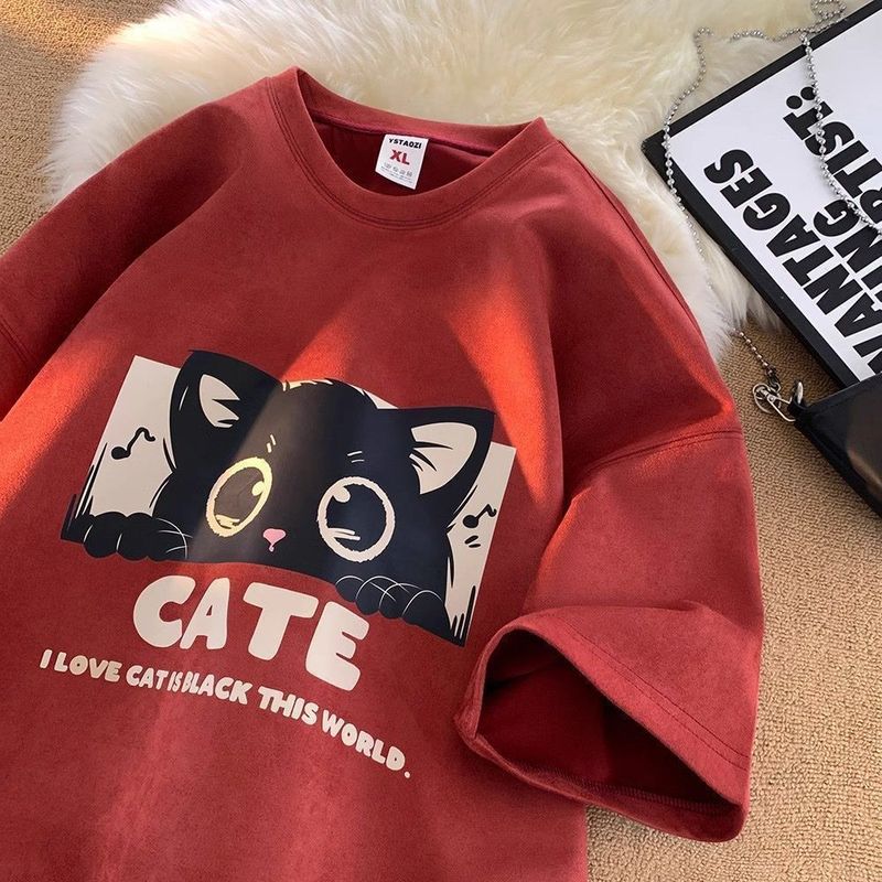2024 Nuova maglietta corta versatile ampia da uomo con scollo rotondo estivo da cinque quarti Cat, per studenti, alla moda, a mezza manica, taglia 12_voghion.com