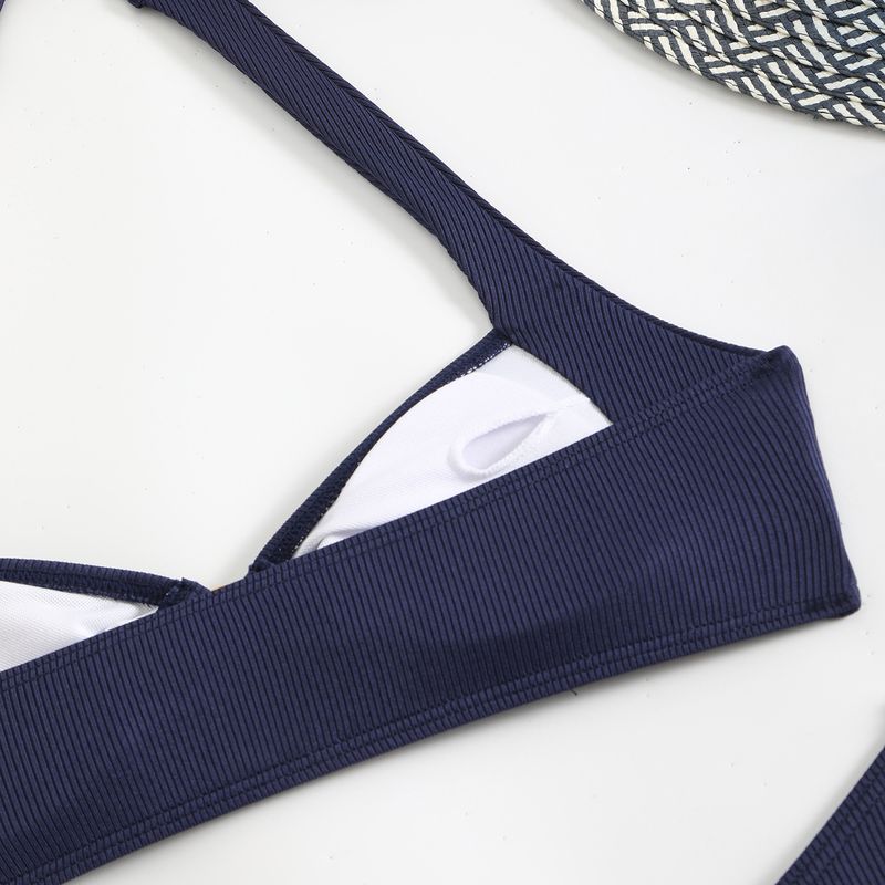 Einfarbiges Bikini-Set – Sexy gerippter Zweiteiler mit tiefem Rückenausschnitt für Damen_voghion.com