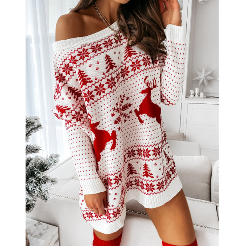 Abito da donna a maniche lunghe in maglia jacquard natalizia a maniche lunghe_voghion.com