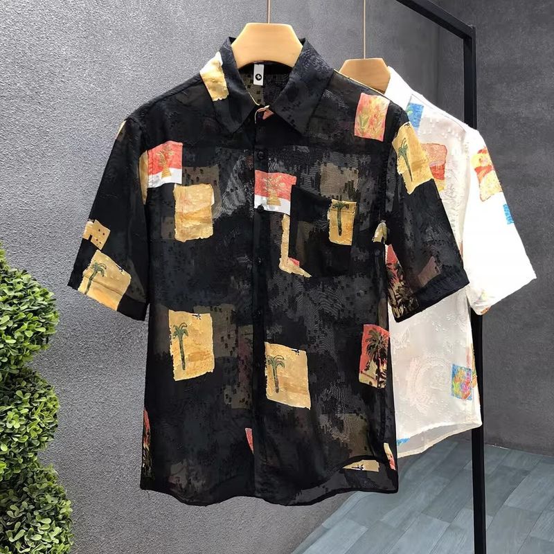 Camicia a maniche corte, sottile ed estiva, con maniche a cinque punte, floreale, da uomo, di alta qualità, in jacquard, traspirante, in seta ghiacciata, elegante._voghion.com