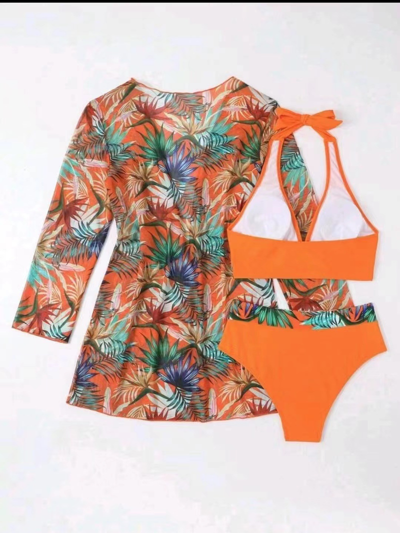Women's bikini mesh three-piece set split printed women's swimsuit_voghion.com