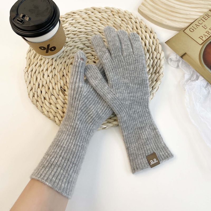Μονόχρωμο πλεκτό χειμωνιάτικο γυναικείο ζεστό και αντιολισθητικό glo με οθόνη αφής, κορεάτικη έκδοση με χοντρό μαλλί για χώρισμα δακτύλων_voghion.com