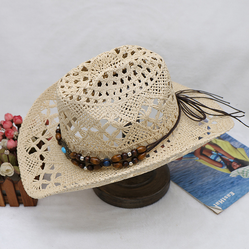 Hand-woven hollowed-out horseflower beach sunshade hats for men and women with cuffed cowboy hats_voghion.com