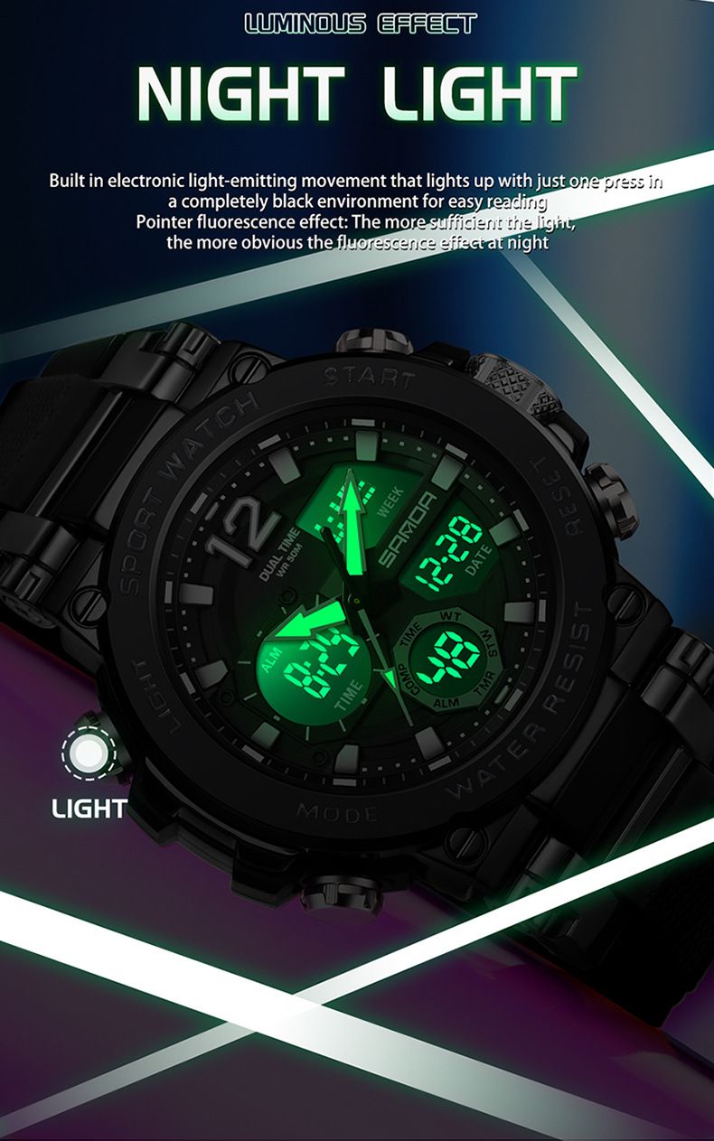 Digitaal analoog sporthorloge voor heren met led-achtergrondverlichting, waterdicht tot 50 m, alarm, stopwatch, weekdag-/datumweergave, meerdere kleuropties_voghion.com