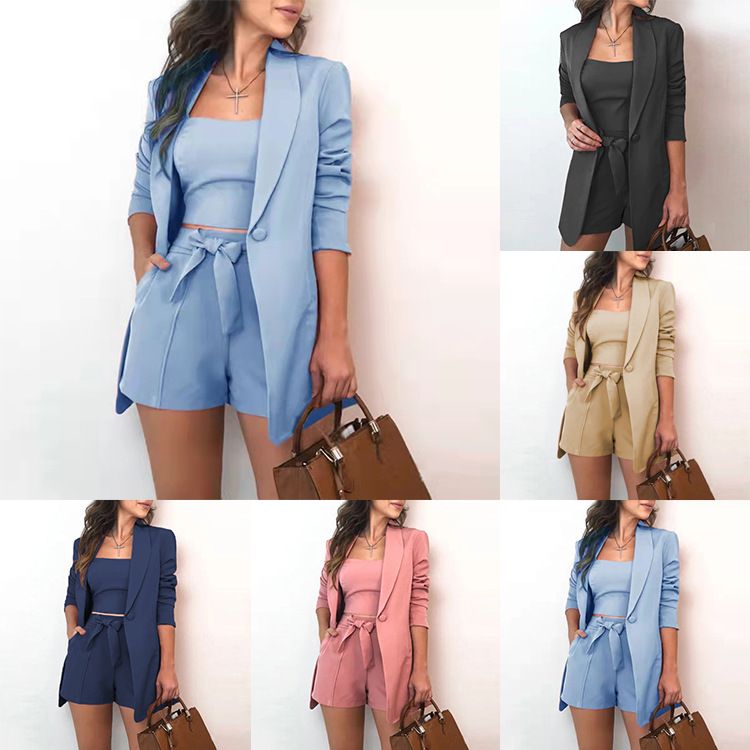 Damenbekleidung Sommermode Neue einfarbige Spitze Kleiner Anzug Dreiteiliger Anzug_voghion.com