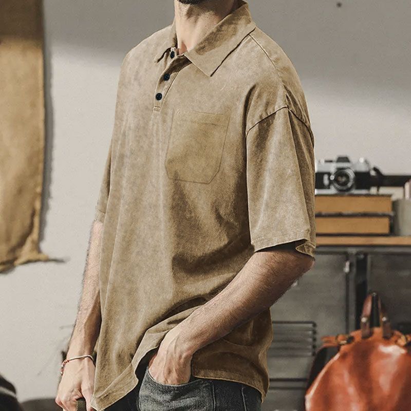 Sommer Neue Herren Gewaschene Turn-Down Kragen Button T-Shirt Übergröße Vintage Casual Kurzarm_voghion.com