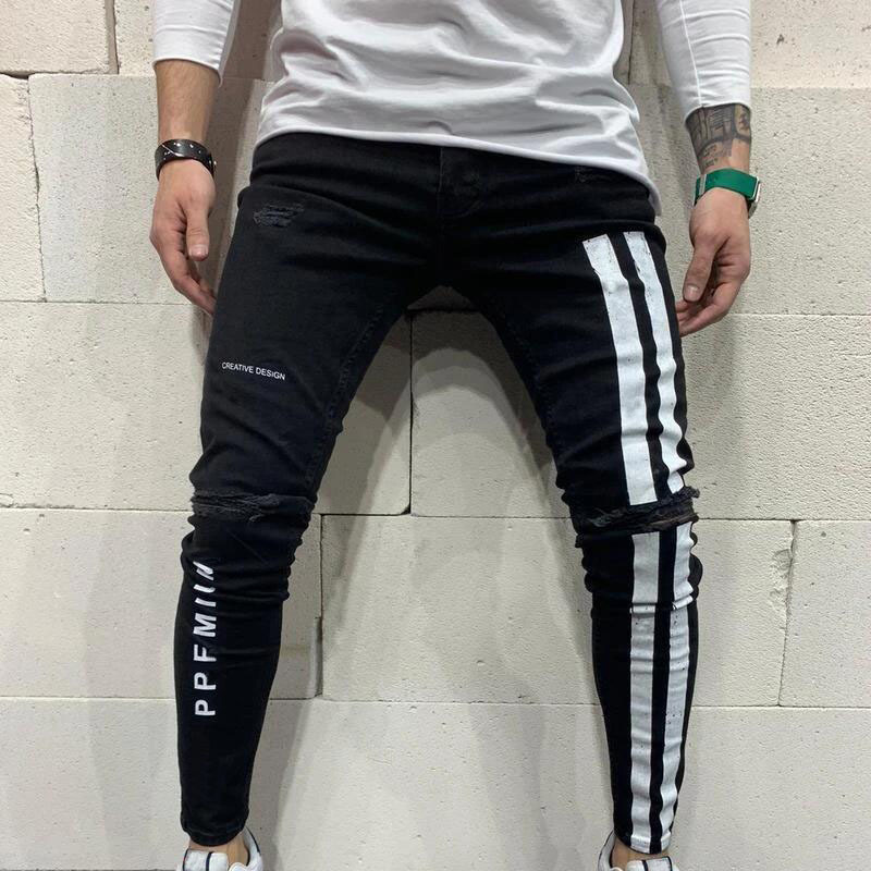 Men's Clothing print new men's slim fit ripped foot pants paint jeans men_voghion.com