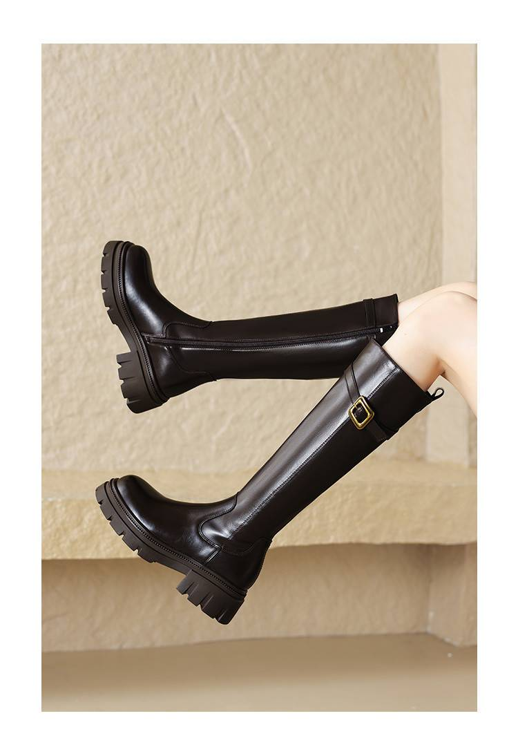 Cameido Women's high thick-soled long boots with fleece lining and belt buckles, knight boots that don't go over the knees._voghion.com