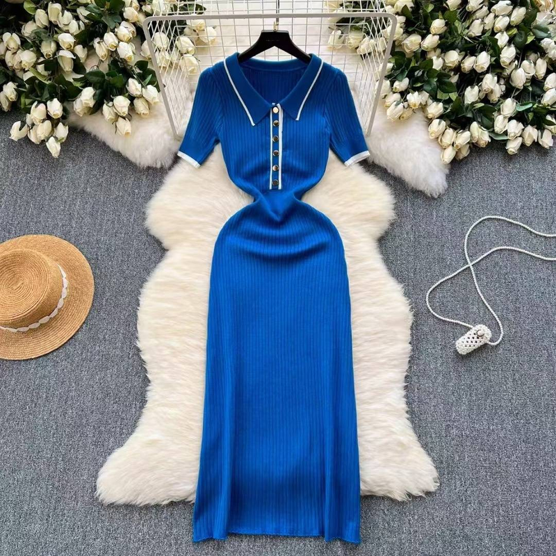 Abbigliamento da donna Abito in maglia con colletto polo da donna, maniche corte, cuciture a contrasto, colore, gonna lunga_voghion.com