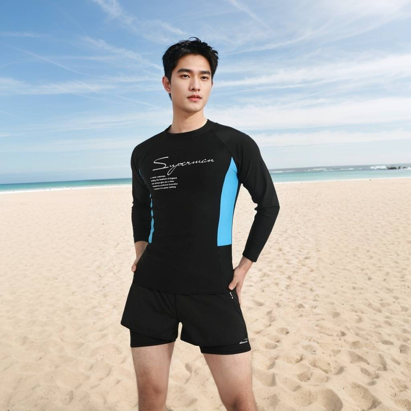 Zweifarbiges Herren-Badeanzug-Set, zweiteiliges langärmeliges, sonnenschützendes, schnell trocknendes Schwimmtrainingsset für Erwachsene in großer Größe_voghion.com