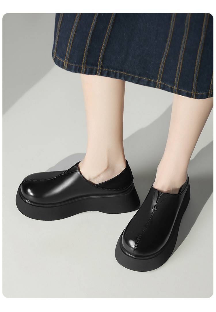 Cameido Women's Black Synthetic Leather Round Toe Loafers With 5CM PU Sole_voghion.com