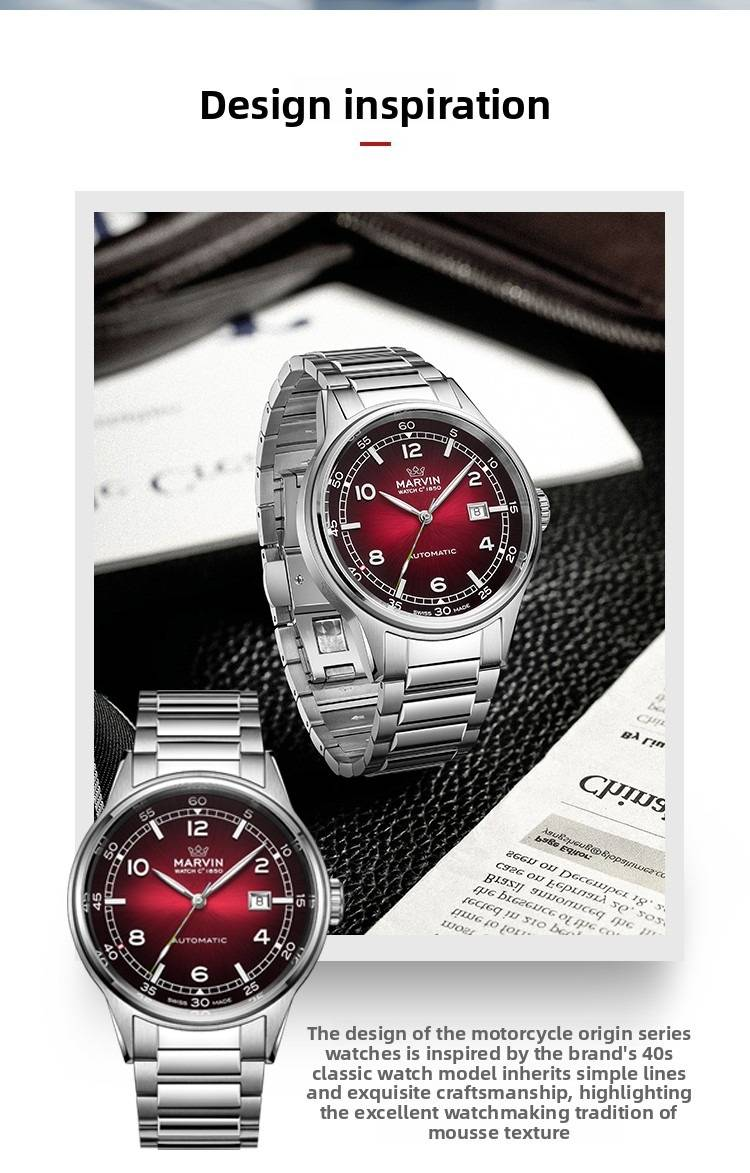 【Meister des Angelns】Marvin Swiss Luminous Mechanische Herrenuhr, Business- und modische Armbanduhr, M108.14.99.11 44 mm rotes Zifferblatt_voghion.com