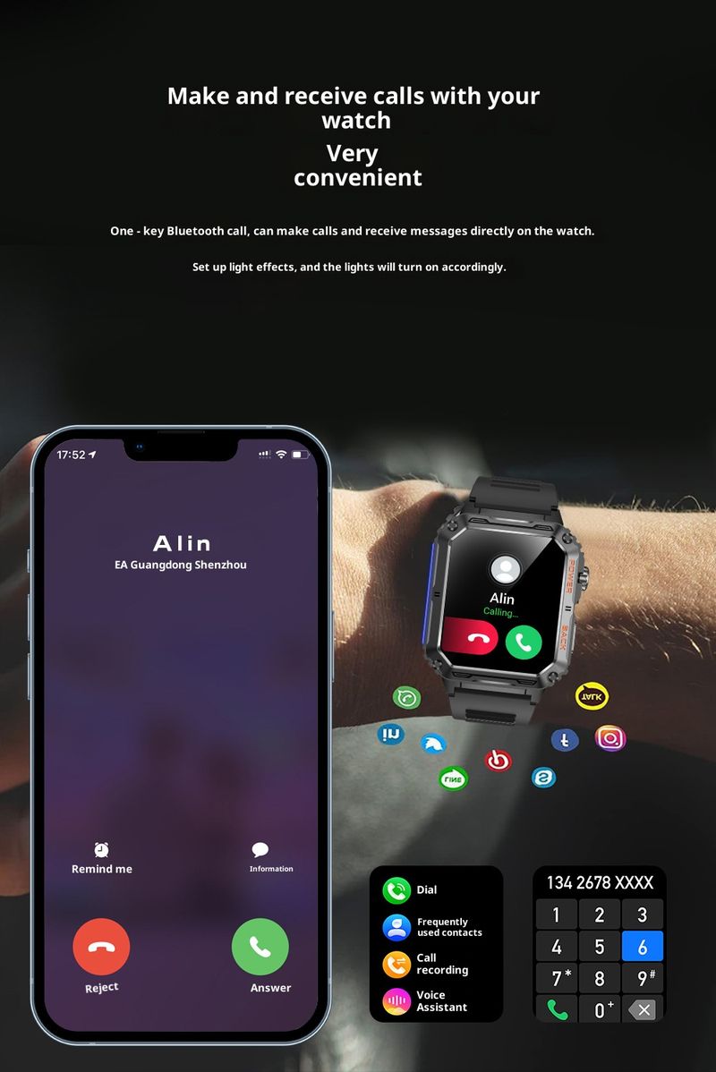 P3 Smartwatch mit Bluetooth-Anrufen, Herzfrequenz- und Blutdruckmessung, Sauerstoffsättigungsmessung, Telefonbenachrichtigungen, Kamerasteuerung und Sportmodus_voghion.com