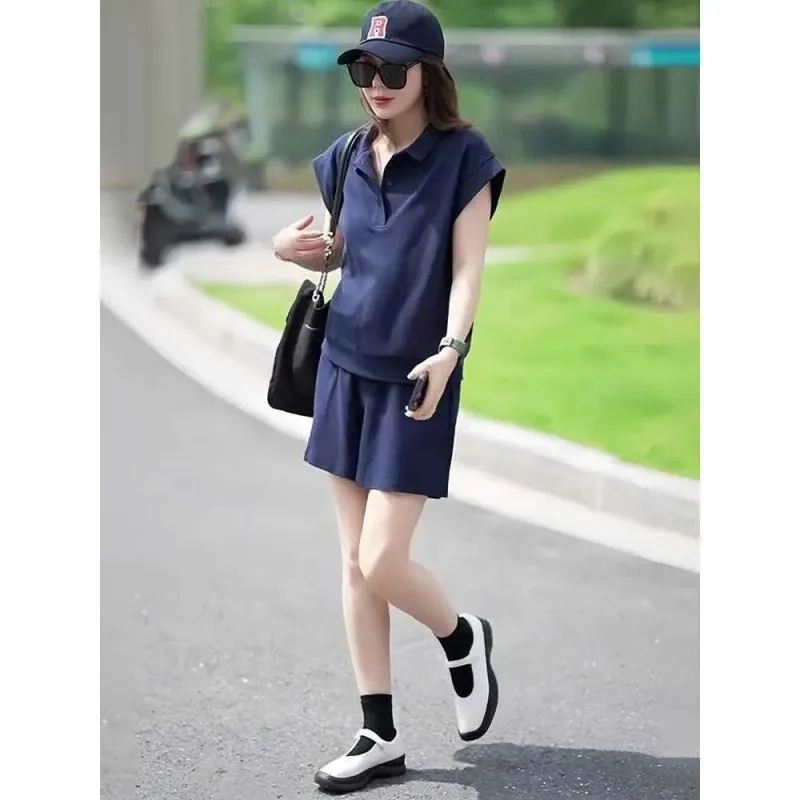 Ensemble de sport décontracté haut de gamme style européen pour femme, été, coupe ample, amincissante, short à manches courtes, deux pièces_voghion.com